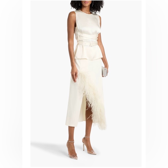 Sally LaPointe Cream Asymmetrical Skirt with Ostrich Feathers